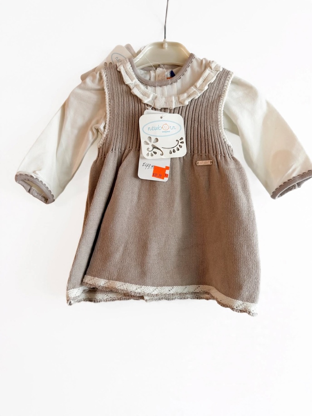 Baby Girl Sweater Dress Set 3M Taupe Beige Knit Pinafore Ruffle Collar NWT